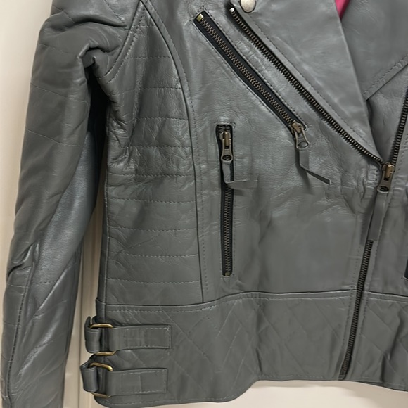 NWT Calf Leather Biker Jacket Dark Grey with Hot Pink stain lining! Size L! - Picture 5 of 12
